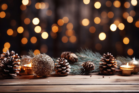 Christmas background with pine cones, candles and Christmas decorations on wooden tableの素材
