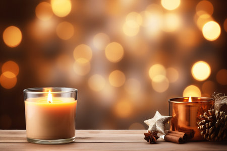 Burning candles and christmas decoration on wooden table against defocused lightsの素材