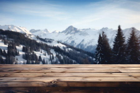 Wooden table against view of snow capped alpine landscape in winterの素材
