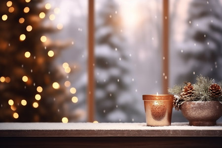 Burning candle in pot on wooden table in room with Christmas treeの素材