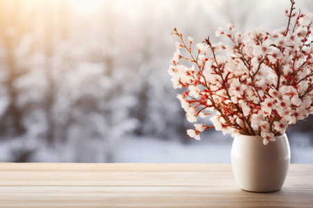 Vase with beautiful blossoming branches on wooden table in winter gardenの素材