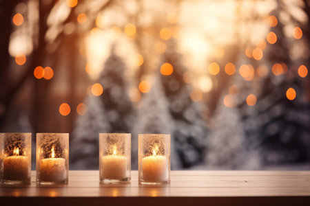 Burning candles in glass candlesticks on wooden table in winter forestの素材