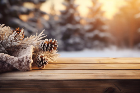 Wooden table in front of a winter background with pine cones.の素材