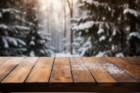 Wooden table background with snowfall in winter forest. Christmas concept.の素材