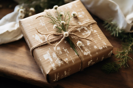 Gift box wrapped in brown paper and tied with twine, on wooden backgroundの素材