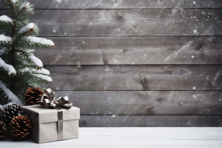Christmas background with fir tree, gift box and snow on wooden wallの素材
