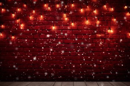 Christmas background with red brick wall and a garland of light bulbsの素材