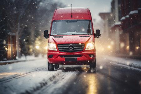 Red car on the road in winter with snowflakes falling downの素材