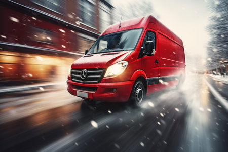 Red van on the road with motion blur. Concept of fast delivery.の素材