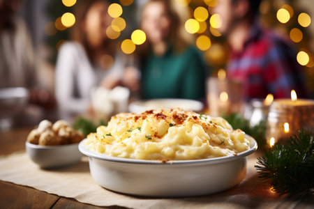 Bowl of delicious mashed potatoes on table with blurred friends in backgroundの素材