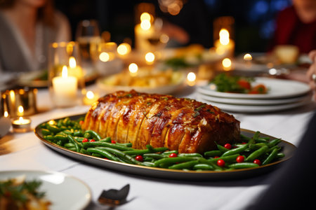 Delicious roast turkey with green beans on festive table, closeupの素材
