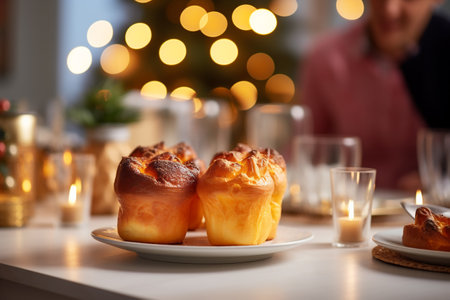 Bowl with tasty Traditional Yorkshire Pudding on table in room decorated for Christmasの素材