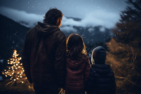 Back view of father and daughter looking at Christmas tree in winter forestの素材