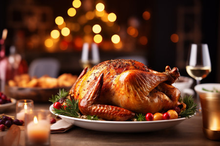 Traditional Christmas dinner with roasted turkey on wooden table, close-upの素材