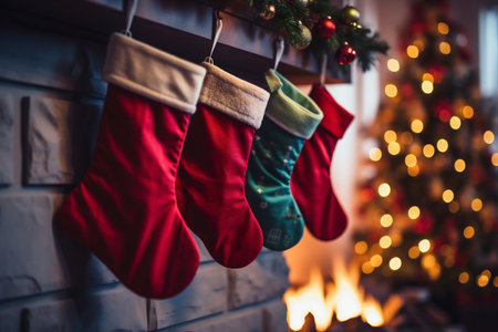 Christmas stockings hanging on a brick wall in front of a fireplaceの素材
