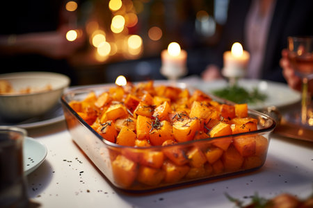 Roasted pumpkin with rosemary and thyme in a glass bowlの素材