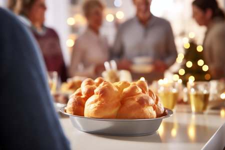 Bowl with tasty Traditional Yorkshire Pudding on table in room decorated for Christmasの素材
