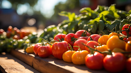 Fresh red and yellow tomatoes on a wooden table in a vegetable gardenの素材