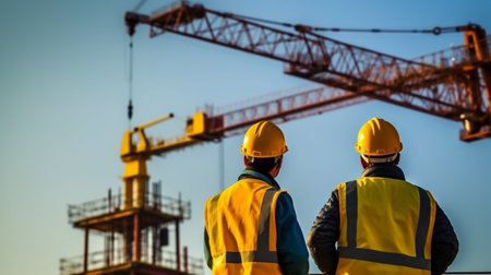 Back view of engineer and worker standing in front of construction site.の素材