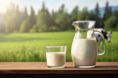 Milk in glass and jug on wooden table against nature background.の素材