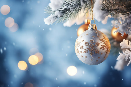 Christmas decoration on fir tree branch with bokeh lights on backgroundの素材
