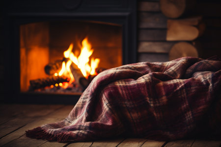 Cozy winter evening by the fireplace. A plaid on a wooden floor.の素材