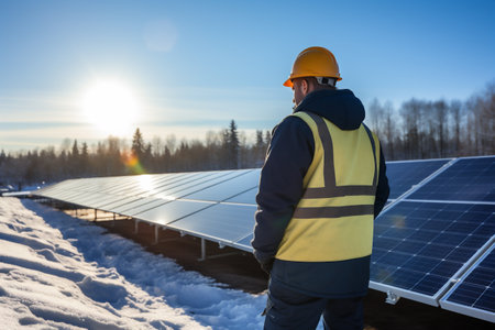 solar energy worker standing in front of solar panels on sunny winter dayの素材