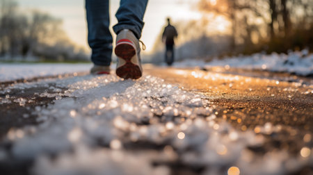 Close-up of a man's feet walking along a snowy road.の素材