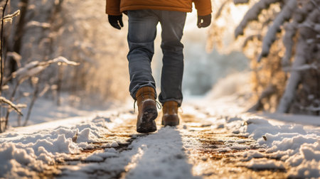 Man walking in winter forest, close-up of legs and feetの素材