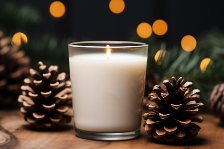 Burning candle with pine cones on wooden table against blurred festive lightsの素材