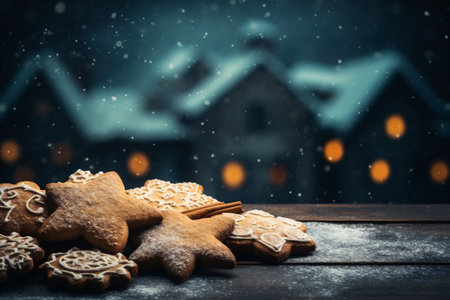 Christmas gingerbread cookies on wooden table. Selective focus. Holiday background.の素材