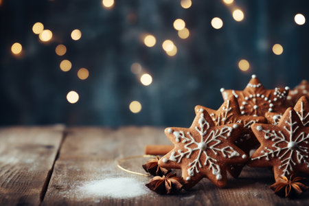 Christmas gingerbread cookies on a wooden table with bokeh backgroundの素材
