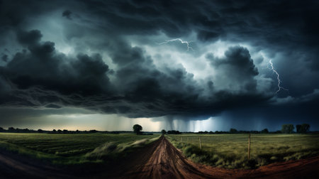 Dark stormy sky with lightning and thunderclouds over rural roadの素材