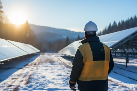Engineer in white helmet and yellow vest standing in front of solar panels on sunny winter dayの素材