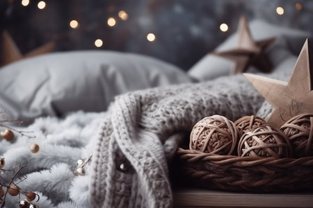 Cozy winter composition with knitted sweaters, christmas balls and star on rustic backgroundの素材