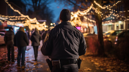 Security guard in the city at night. Selective focus on the policeの素材