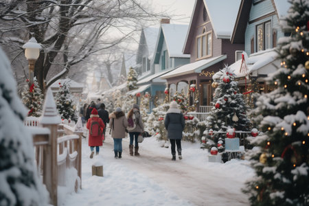 Group of people walking in a snowy street with Christmas trees and decorationsの素材