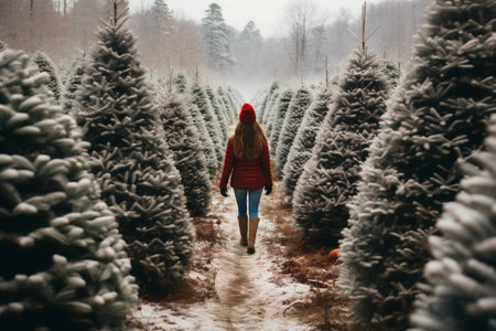 A girl in a red hat walks along the path among the Christmas trees farm.の素材
