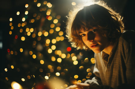 Cute little girl looking at camera in front of christmas treeの素材