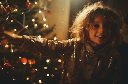Cute little girl decorating christmas tree at home. Happy childhood.の素材