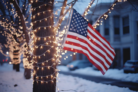 American flag on a street decorated with Christmas lights. Selective focus.の素材