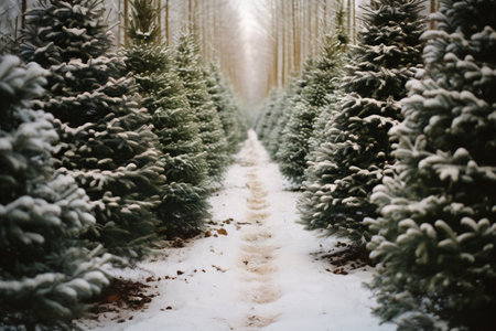 Christmas trees farm covered with snow in the winter forest. Winter landscape.の素材
