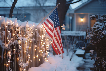 American flag with garland on the street at night in winter.の素材