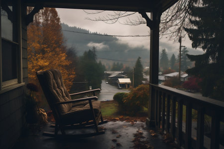Autumn mountain landscape with fog in the valley and rocking chair.の素材