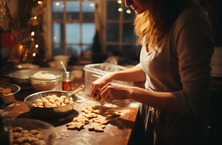 Young woman making cookies in the kitchen at home. Selective focus.の素材