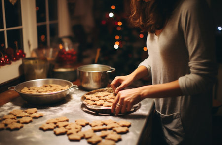 Woman making gingerbread cookies in the kitchen at christmas time.の素材