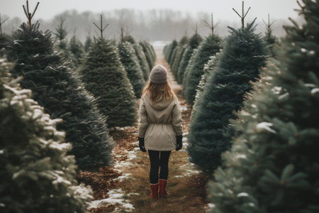 Girl in a white coat and red boots walks through the Christmas trees farm.の素材
