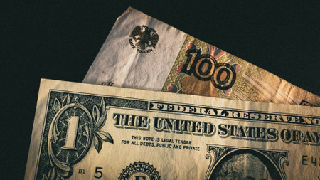 Close up view of US dollar and russian ruble banknotes. Business and finance concept.の写真素材