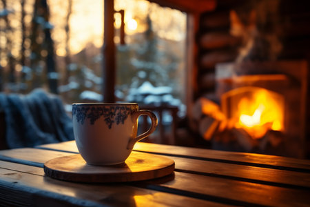 Cup of coffee on a wooden table near the fireplace in the winter forest.の素材