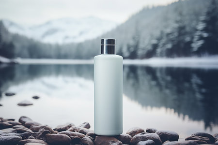 Mockup of a white cosmetic bottle on the background of a mountain lake.の素材